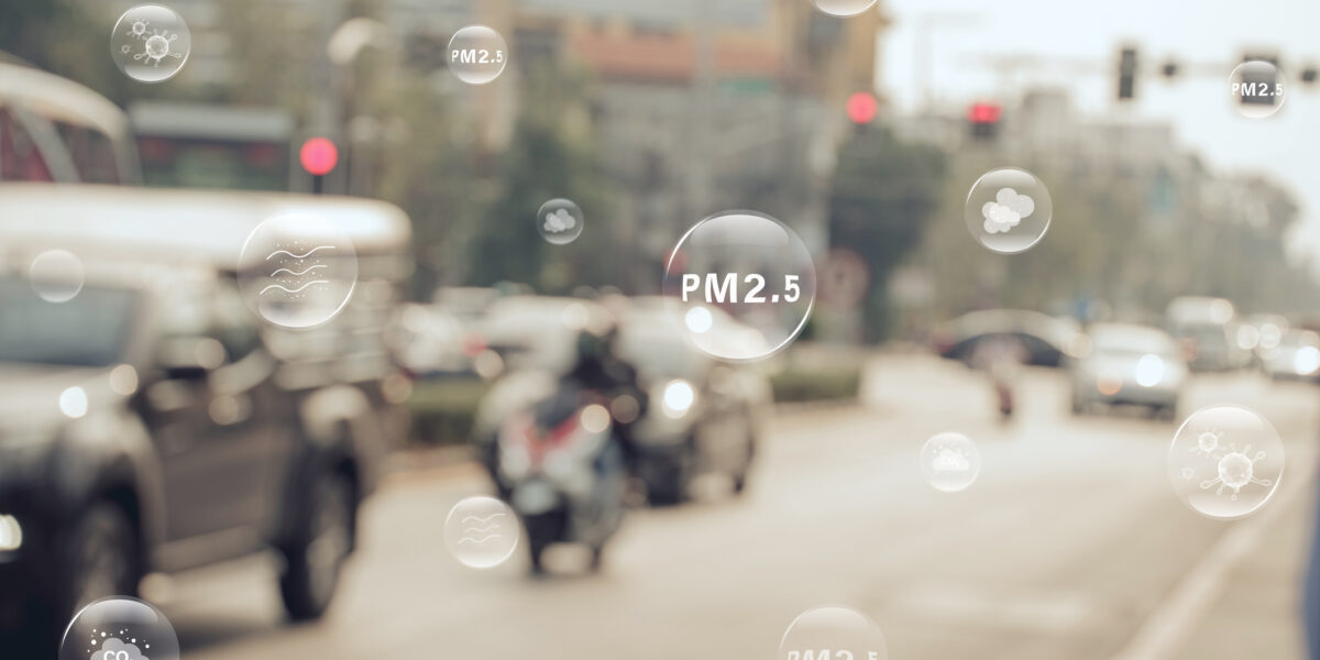 Concept of Pollution PM2.5 Unhealthy air pollution dust. Toxic haze in the city. Air pollution caused by traffic. pm 2.5 warning, City showing smog and polluted air from particle PM2.5.health care.