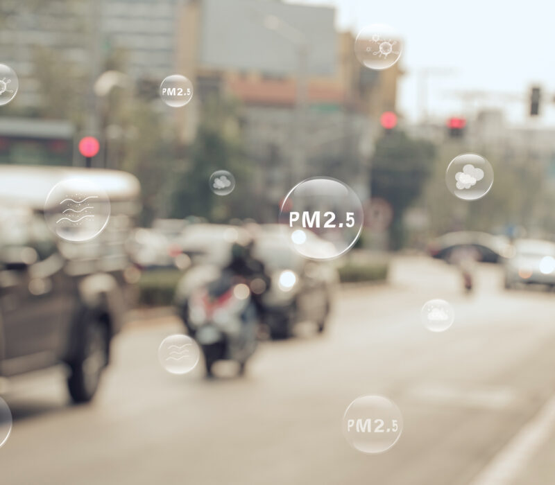 Concept of Pollution PM2.5 Unhealthy air pollution dust. Toxic haze in the city. Air pollution caused by traffic. pm 2.5 warning, City showing smog and polluted air from particle PM2.5.health care.